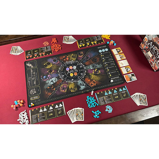 Arcs Playmat with game board components, including player mats, cards, and tokens.