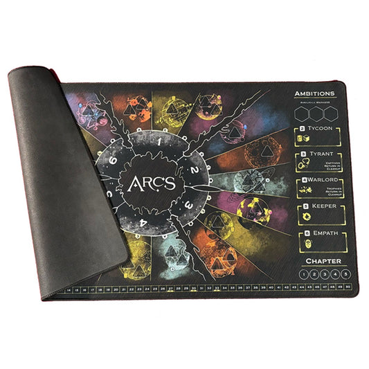 Arcs Playmat: rectangular mat featuring a central clock dial, colorful segmented graphics, and a numbered tracking row.