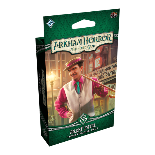 Arkham Horror: The Card Game - André Patel Investigator Deck, showing André Patel in a pink vest and hat with a cane.