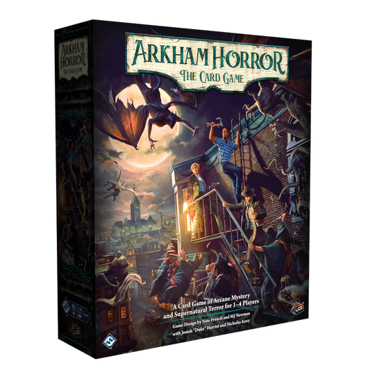 Arkham Horror: The Card Game Core Set box featuring heroes and monsters on a stormy rooftop.
