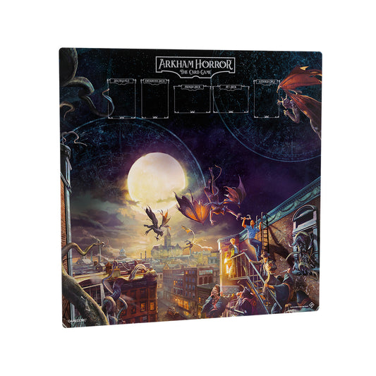Arkham Horror: Center Game Mat 70x70 cm featuring investigators battling monsters on moonlit rooftops.
