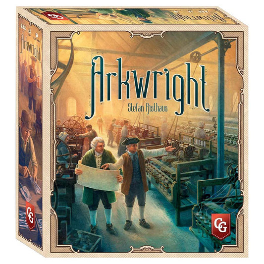 Arkwright: Anniversary Edition board game box showing two men in period clothing inside a vintage factory scene.
