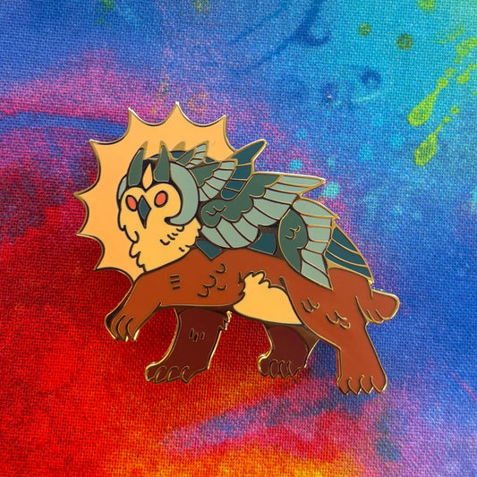Armored Owlbear Pin with an owl head and bear body.