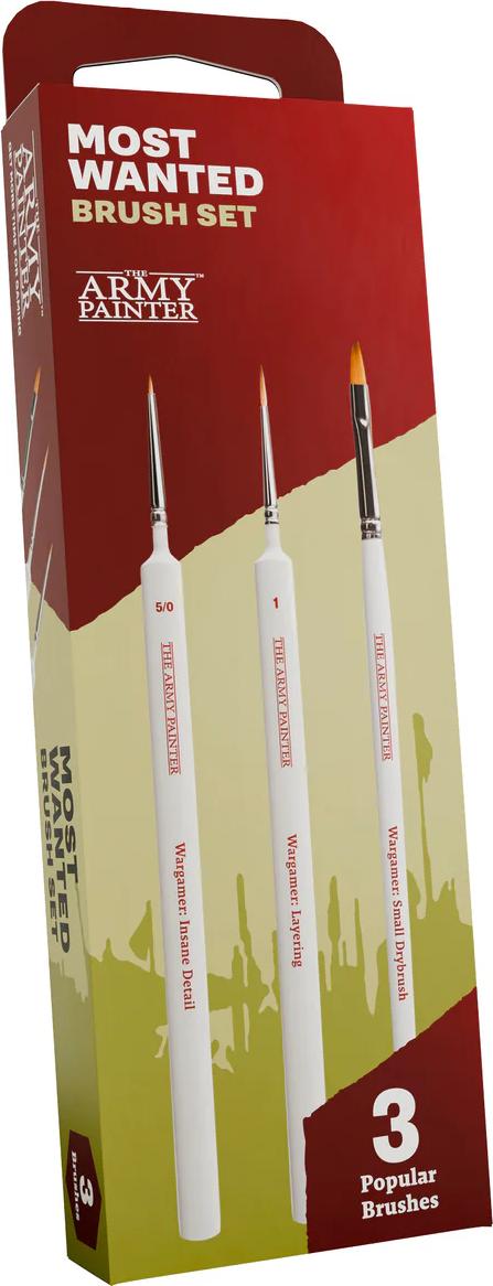 Army Painter Most Wanted Brush Set 2.0 box with three white-handled Wargamer brushes for mini painting.