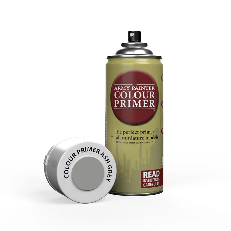 Army Painter Colour Primer spray can, Ash Grey, for use as miniature primer and acrylic spray paint.