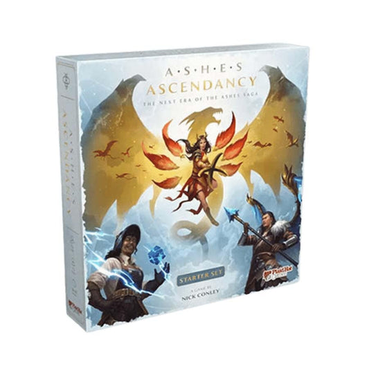 Ashes Ascendancy Starter Set box featuring Phoenixborn and fantasy heroes on blue and gold artwork.