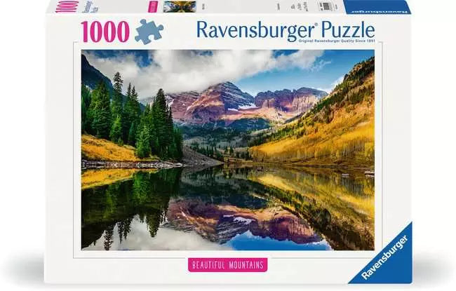 Ravensburger Aspen, Colorado 1000-piece puzzle showing a mountain landscape reflected in a lake.
