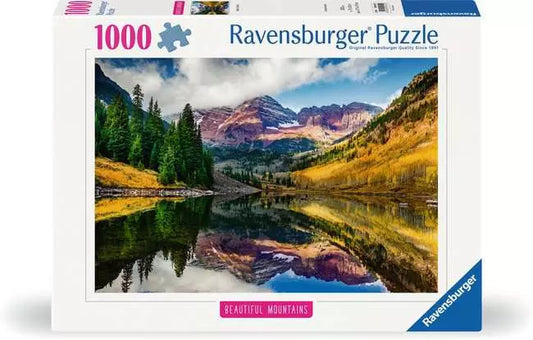 Ravensburger Aspen, Colorado 1000-piece puzzle showing a mountain landscape reflected in a lake.