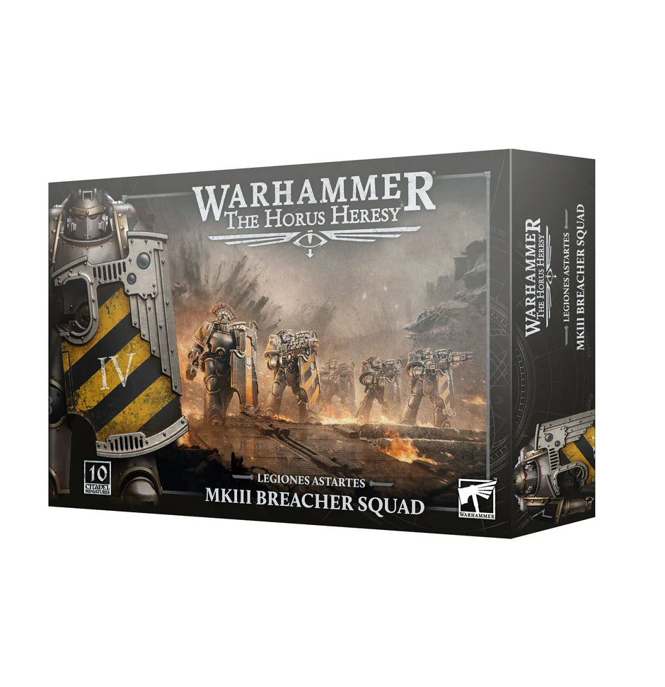 Horus Heresy Legions Astartes MkIII Breacher Squad miniatures in close-quarters gear on a smoky battlefield.
