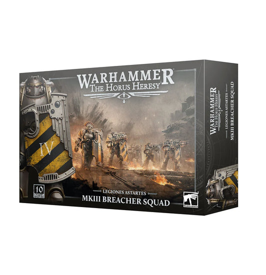 Horus Heresy Legions Astartes MkIII Breacher Squad miniatures in close-quarters gear on a smoky battlefield.