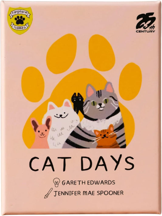 Cat Days is a card game with cat illustrations, paw prints, and unique feline-themed rules.