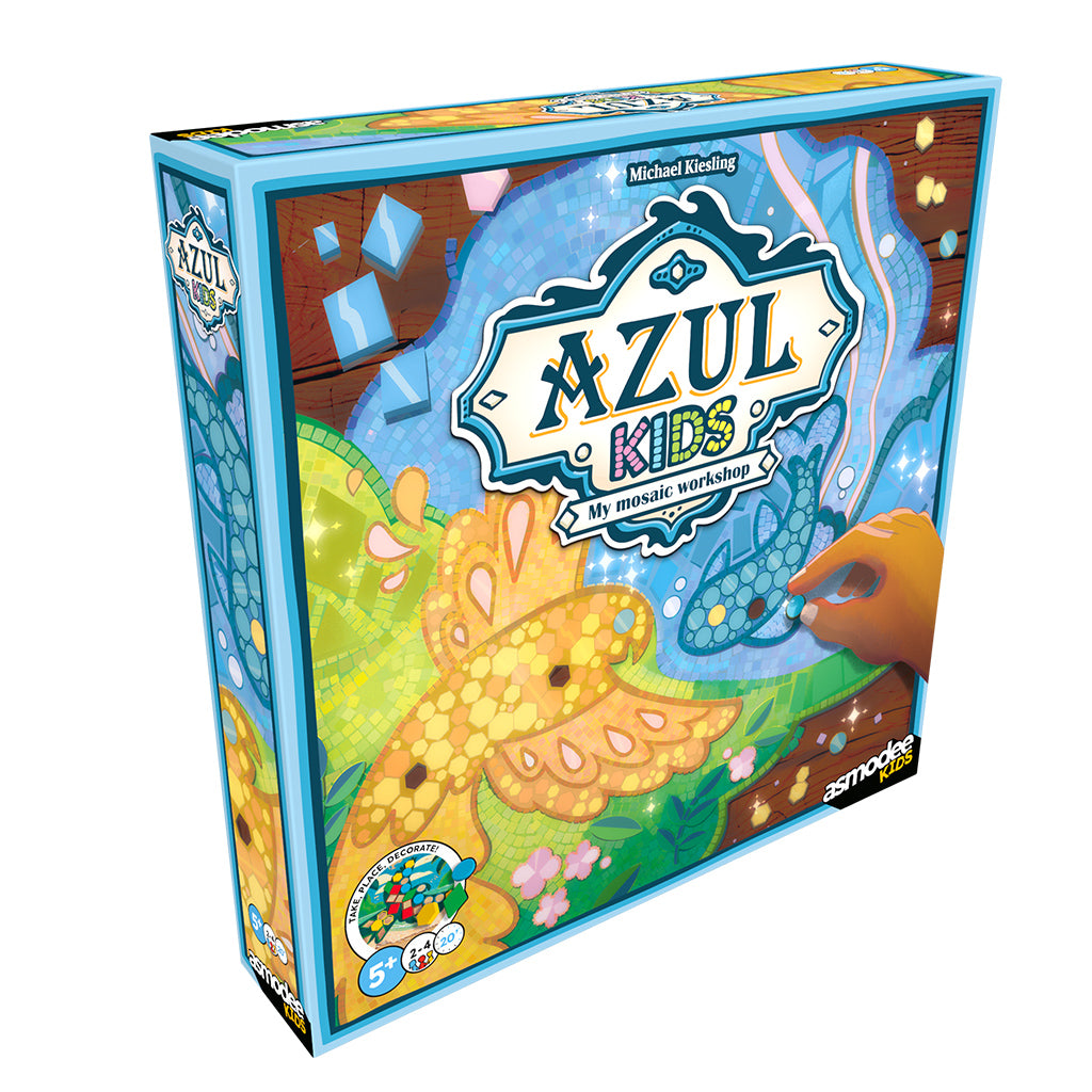 Azul Kids board game box for ages 5+, with mosaic art and a hand placing tiles shown on the packaging.