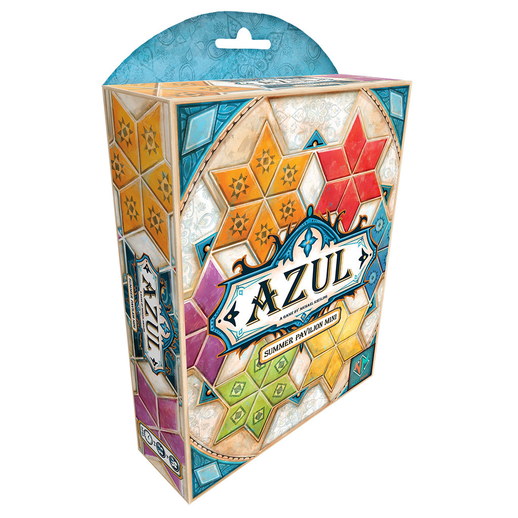 Azul Mini Summer Pavilion strategy game with star-shaped tiles and a blue logo. Compact travel edition.