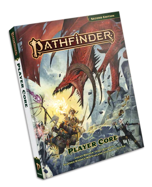 Pathfinder RPG 2e Player Core Remastered book cover featuring adventurers battling a red dragon.