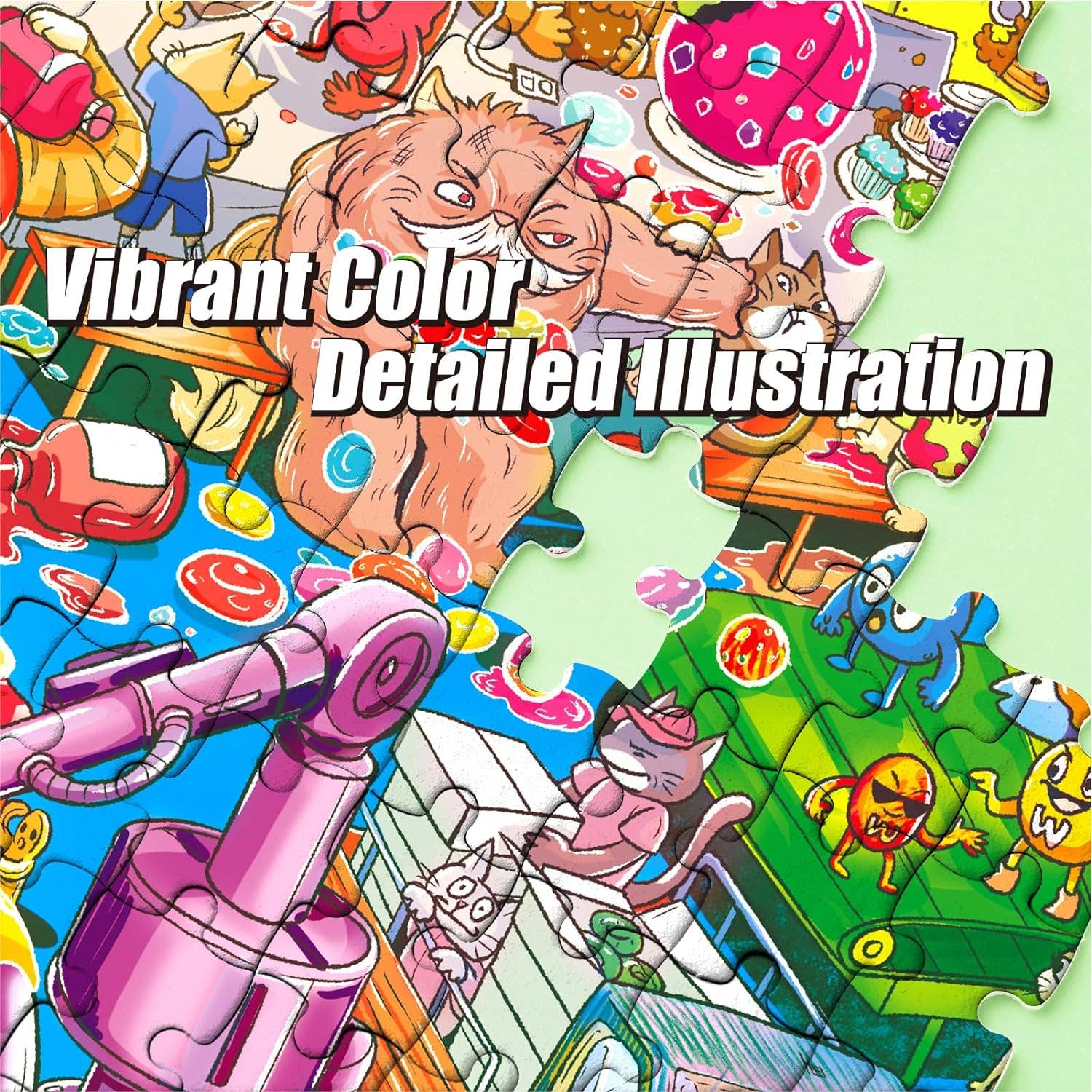 Catndyland 1000 Piece Jigsaw Puzzle featuring cartoon cats, candy, and machinery.