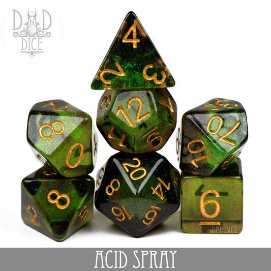 Acid Spray RPG dice set, 7 green and black resin dice with gold numbers.