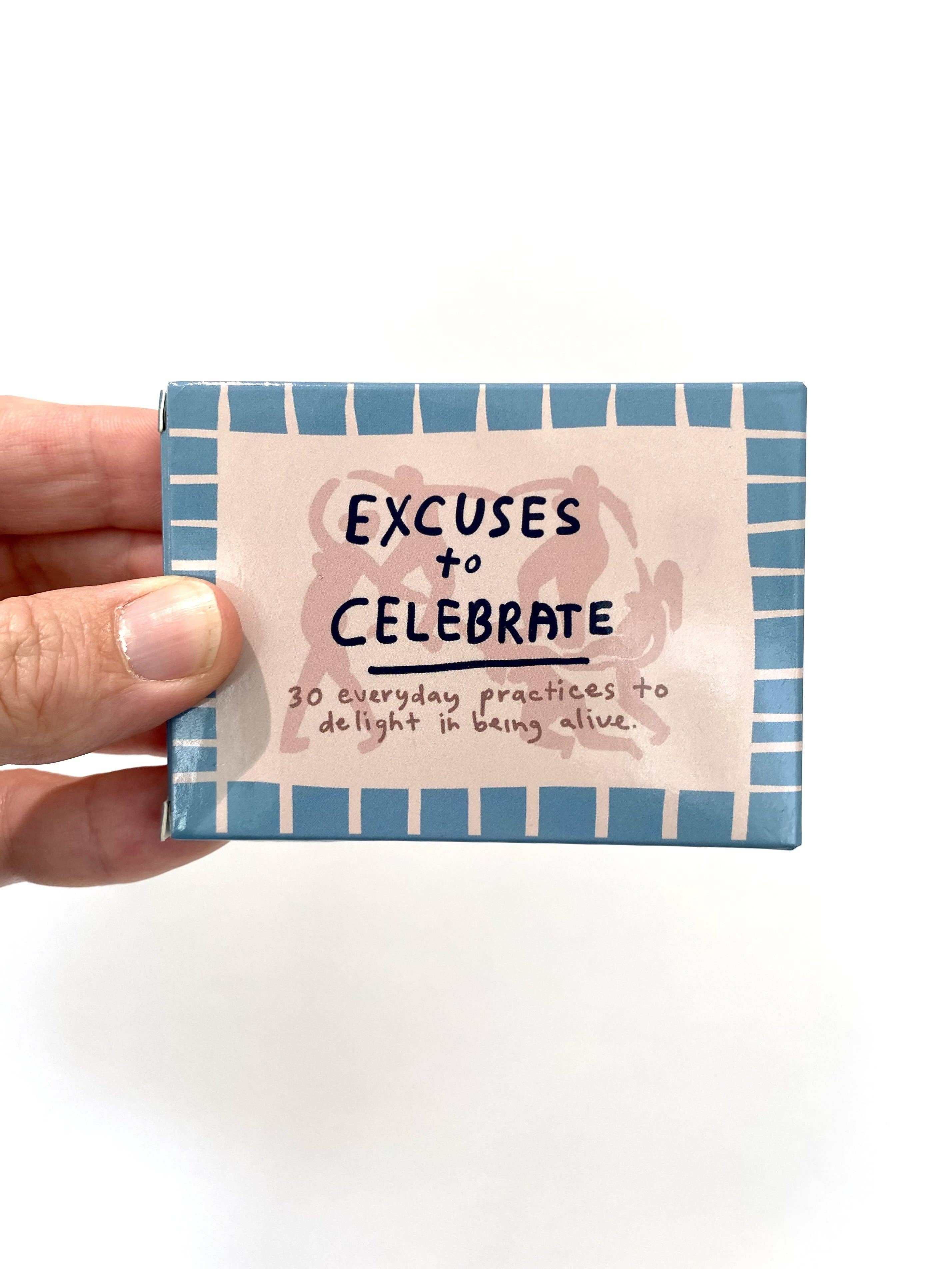 Excuses To Celebrate Deck with 30 prompts in a pink and blue box for everyday moments.