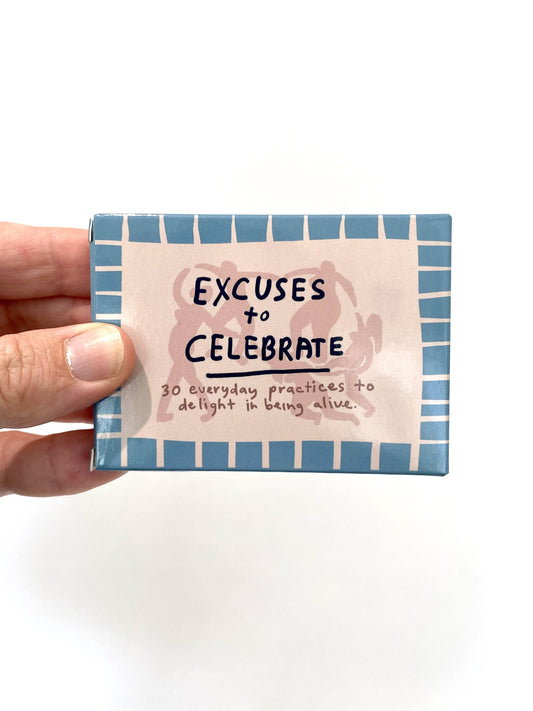 Excuses To Celebrate Deck with 30 prompts in a pink and blue box for everyday moments.