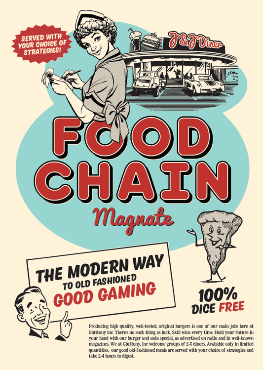 Food Chain Magnate 2nd Edition poster featuring diner-themed graphics and strategy game branding.