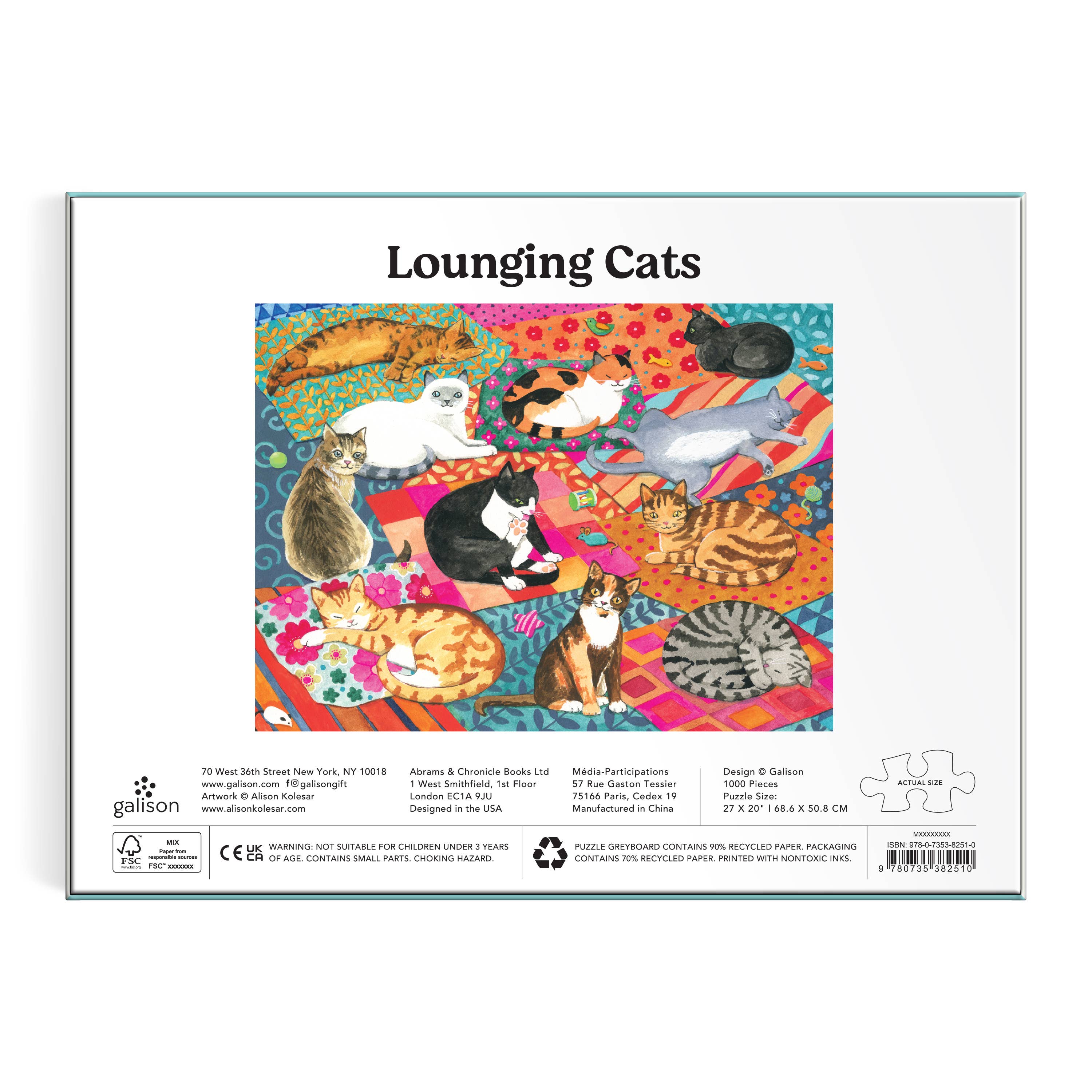 Lounging Cats 1000 Piece Puzzle box featuring colorful cats on blankets.