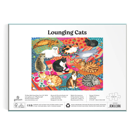 Lounging Cats 1000 Piece Puzzle box featuring colorful cats on blankets.