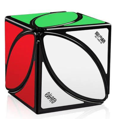 QY Speed Cube Ivy puzzle, black body, with red, white, and green faces and curved dividing lines on each side.