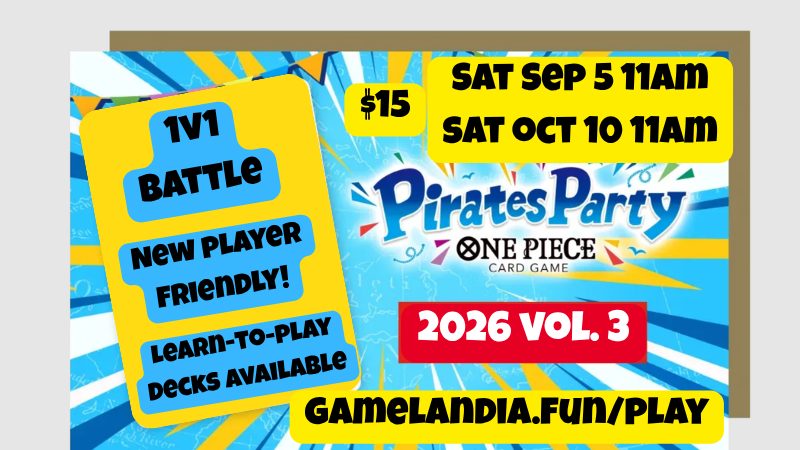 One Piece Pirates Party Basic 1v1 event at Gamelandia on September 5; details at gamelandia.fun/play.