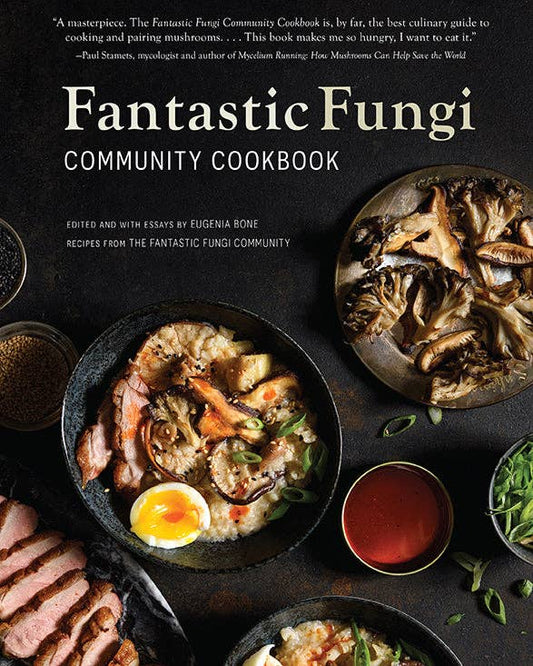 Fantastic Fungi Community Cookbook cover featuring mushroom steak and rice recipes.