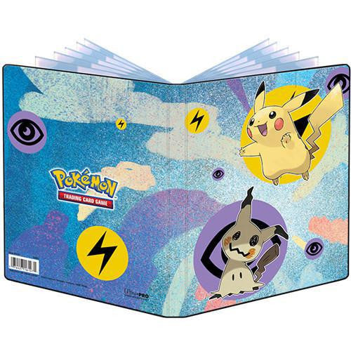 PKM binder, 4 pocket, featuring Pikachu and Mimikyu with abstract designs and lightning bolt symbols.