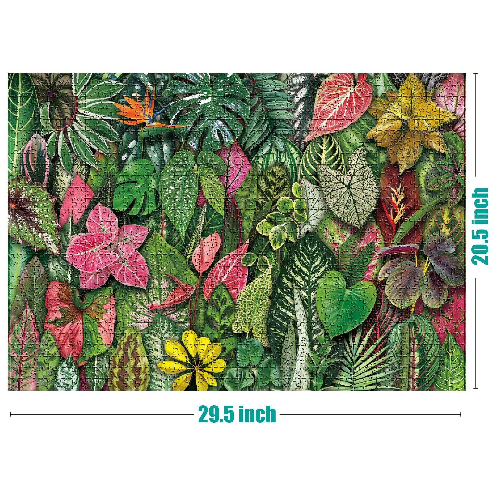 Foliage Frenzy 1000-piece puzzle with tropical leaves and flowers, 29.5 by 20.5 inches.