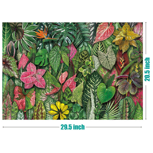 Foliage Frenzy 1000-piece puzzle with tropical leaves and flowers, 29.5 by 20.5 inches.