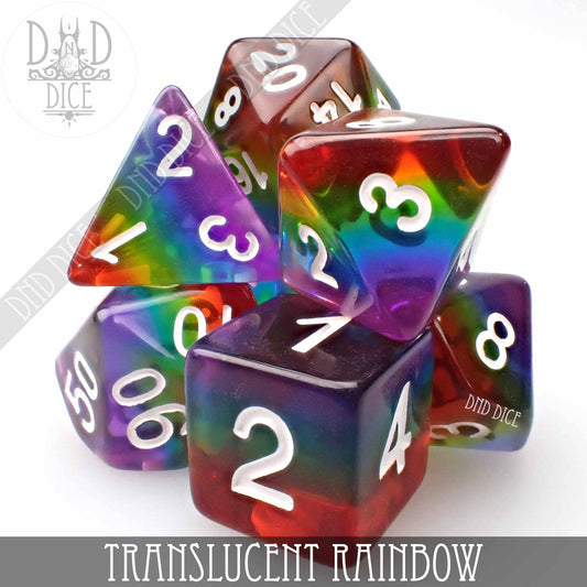 Translucent Rainbow 7-piece DnD dice set with rainbow colors and white numbers.