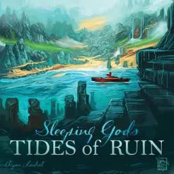Sleeping Gods: Tides of Ruin expansion game box with red boat on water, cliffs, and mountains.