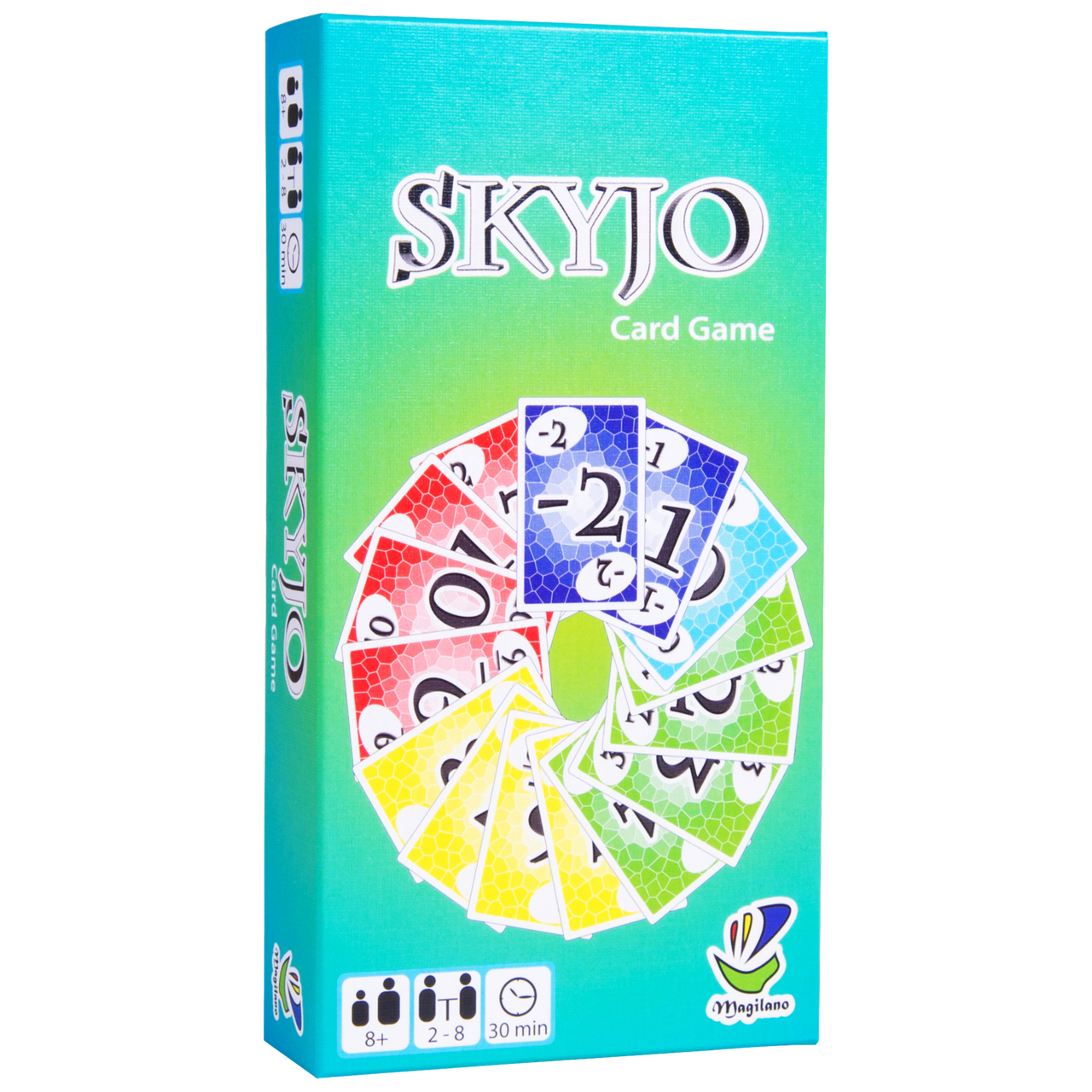 Skyjo card game for 2–8 players, ages 8+, includes colorful cards, playtime approximately 30 minutes.