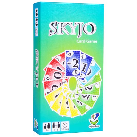 Skyjo card game for 2–8 players, ages 8+, includes colorful cards, playtime approximately 30 minutes.