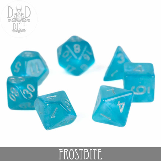 Frostbite Glitter blue acrylic 7-dice set for DND games on a white background.