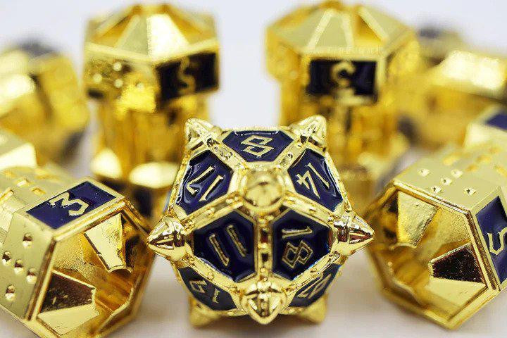Dice 51: Cobalt Cosmos CCG Metal Dice Set, blue and gold with clearly visible numbers.