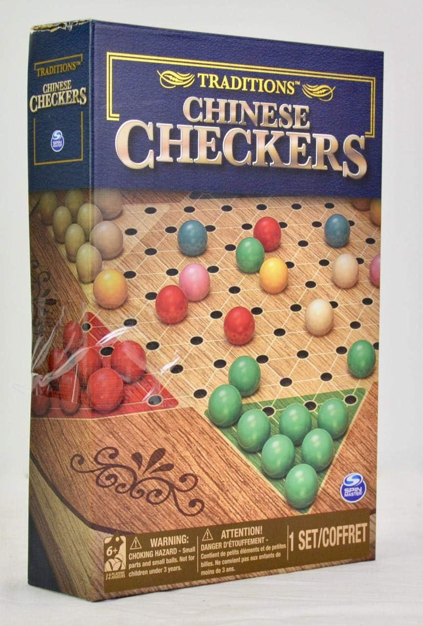 Traditions Classic Strategy Games Chinese Checkers set with marbles on a wooden board.