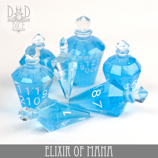 Six blue resin dice shaped like potion bottles, labeled Elixir of Mana on a gray banner.