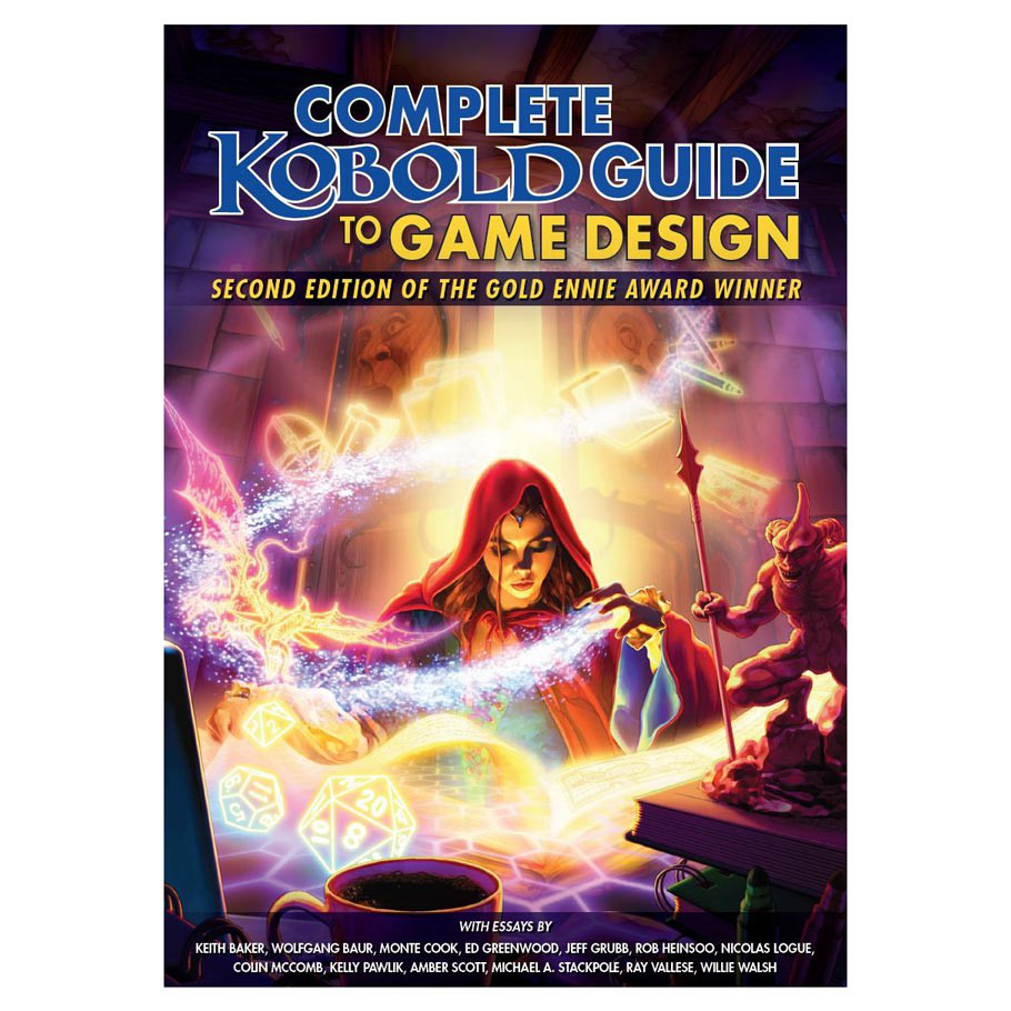 Kobold Complete Guide to Game Design cover featuring a wizard with dice and worldbuilding elements.
