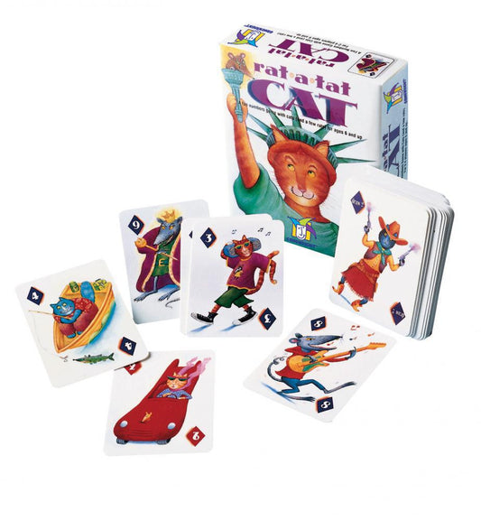 Rat-A-Tat Cat box and playing cards with illustrated cats and mice.