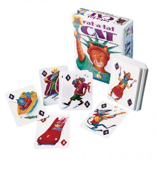 Rat-A-Tat Cat game box and cards showing cats and mice illustrations.