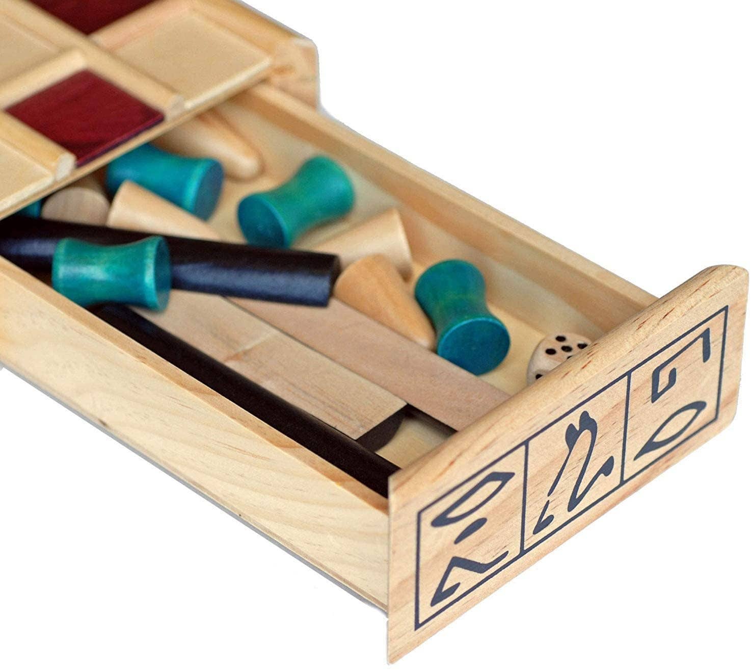 Wood Senet game set with open wooden box, blue pawns, dice, sticks, and ancient Egyptian-style numbers.