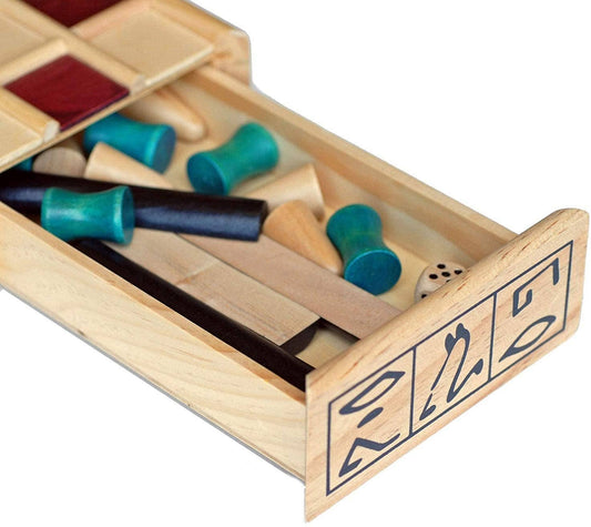 Wood Senet game set with open wooden box, blue pawns, dice, sticks, and ancient Egyptian-style numbers.