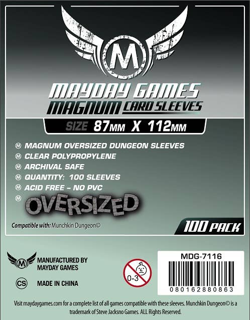 Magnum Oversized Dungeon Sleeves packaging, 87x112mm, 100 pack, package size 4.7 x 3.7 x 0.4 inches.