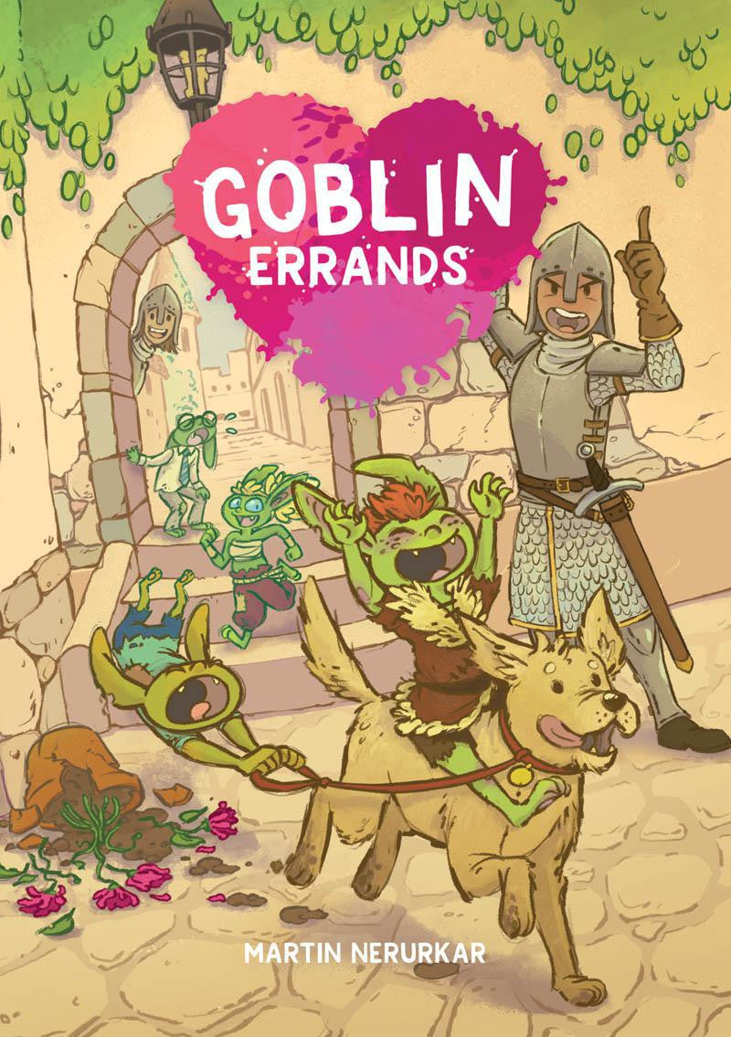 Goblin Errands tabletop RPG featuring cartoon goblins riding a dog through town.