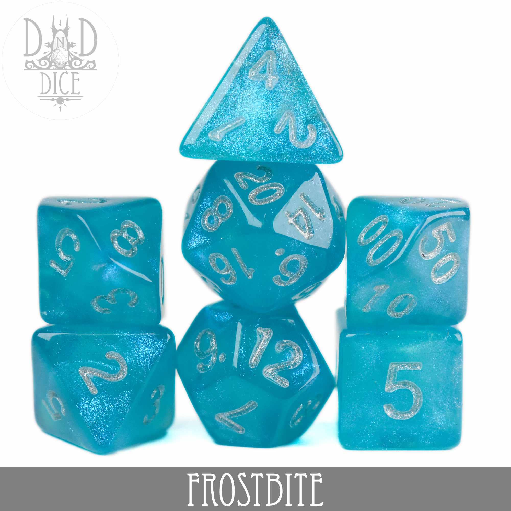 Set of seven blue Frostbite Glitter dice with white numbers.