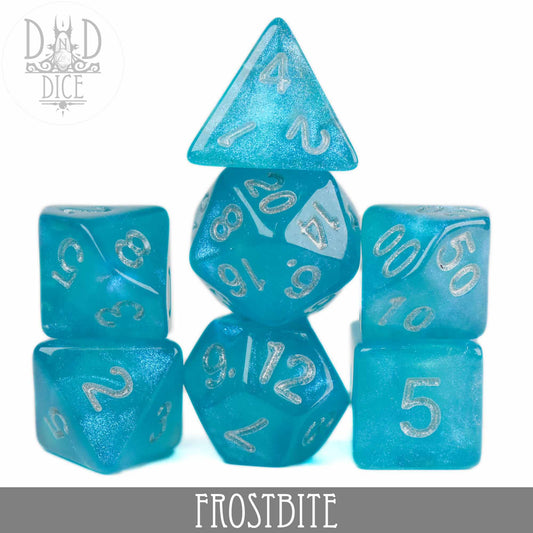 Set of seven blue Frostbite Glitter dice with white numbers.