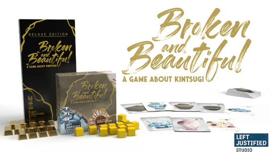 Broken and Beautiful - A Game About Kintsugi with cards, gold tokens, and box by Left Justified Studio.
