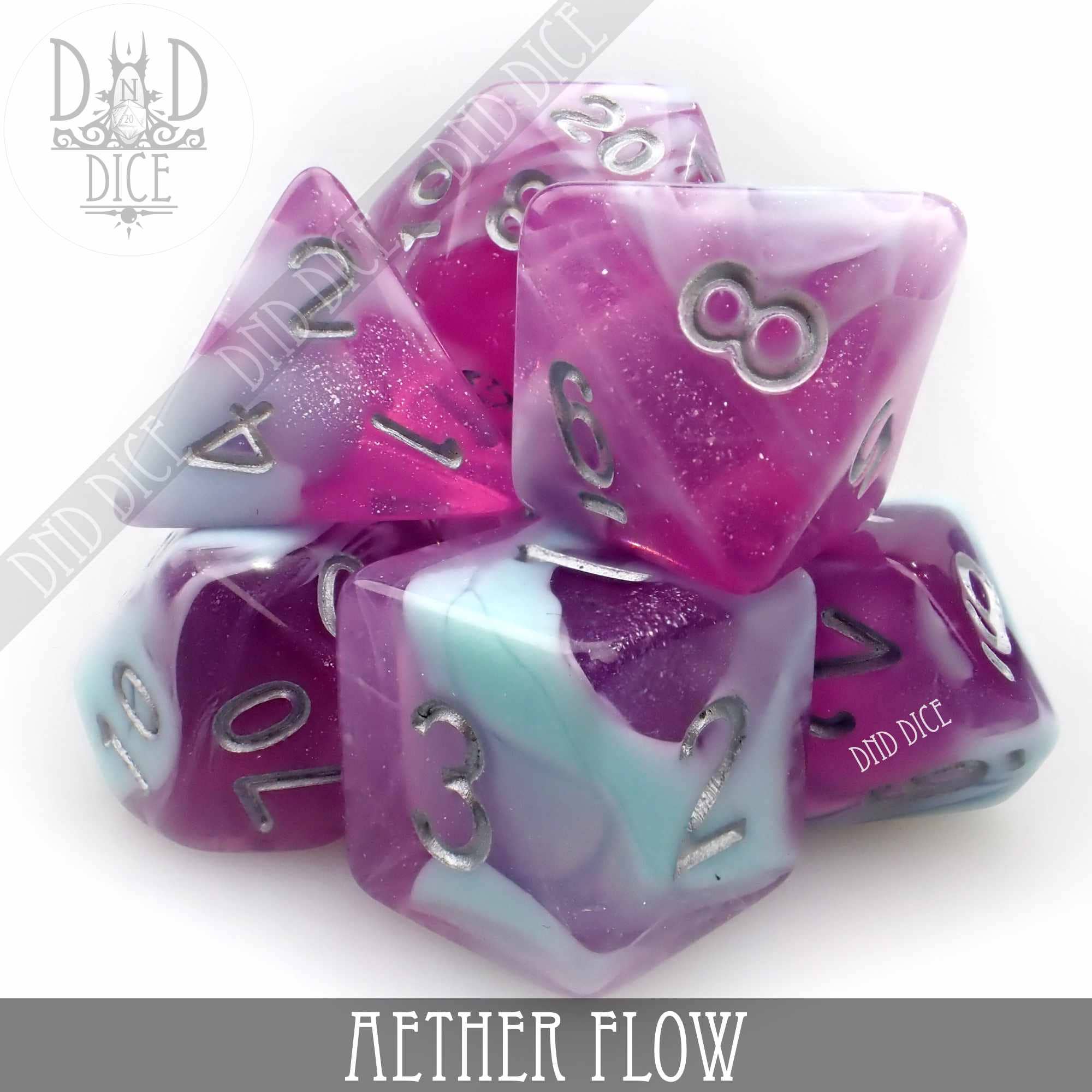 Aether Flow 7-piece acrylic dice set for tabletop gaming in purple, white, and teal with silver numbers.